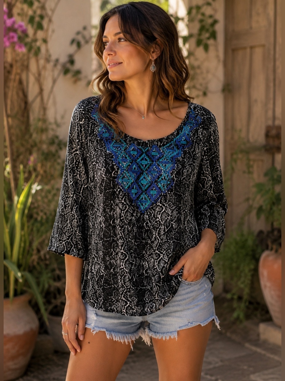 Ecote Black and White Blue Embroidered Yoke Tunic Size S Boho Festival Flowy